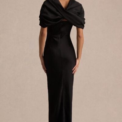 Club L London Yoli | Black Satin Maxi Dress With Removable Twist-Cape - Image 2