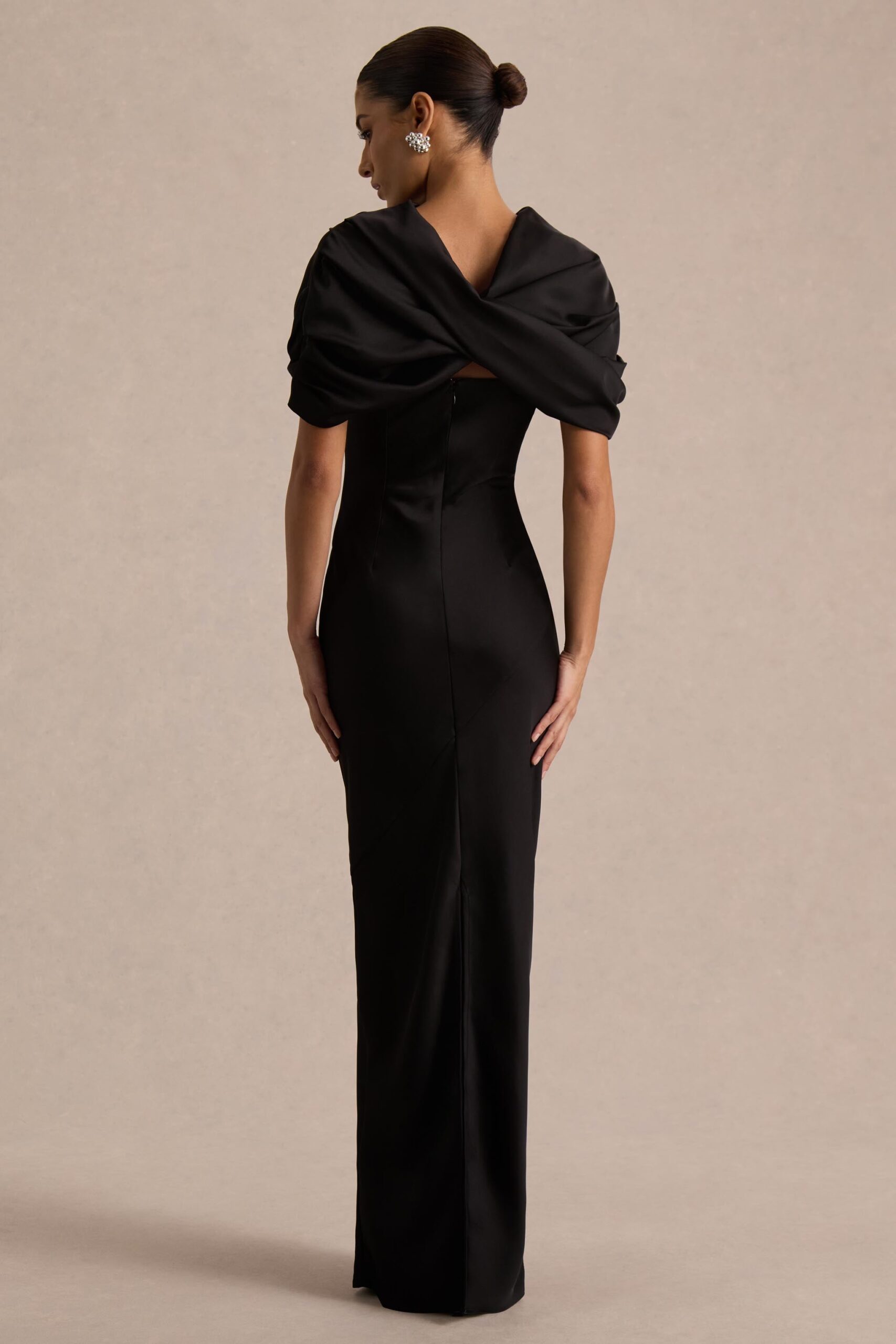 MNCLL140826054833034_2 Club L London Yoli | Black Satin Maxi Dress With Removable Twist-Cape - Image 2