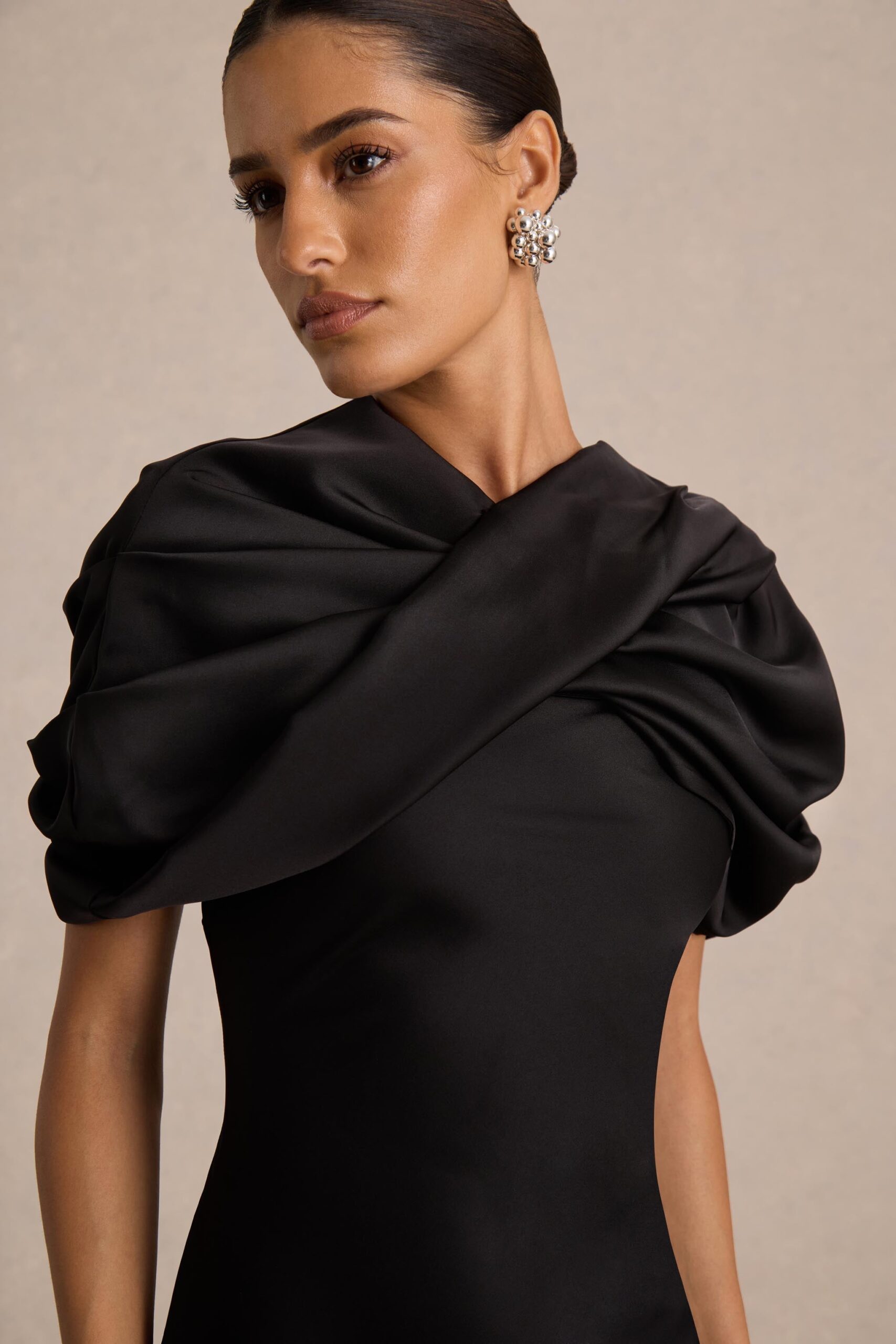 MNCLL140826054833034_3 Club L London Yoli | Black Satin Maxi Dress With Removable Twist-Cape - Image 3
