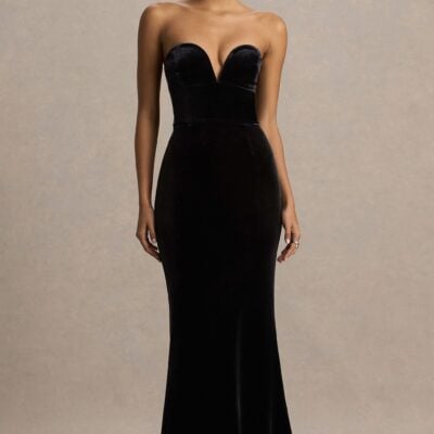 Club L London Yolanda | Black Velvet Sweetheart-Neck Maxi Dress - Image 1