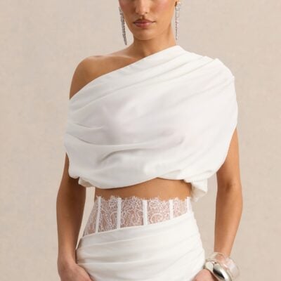 Club L London Yaselle | White Satin Asymmetric-Neck Crop-Top - Image 1