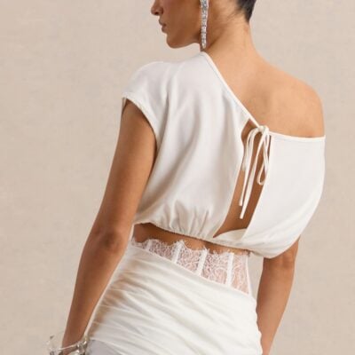 Club L London Yaselle | White Satin Asymmetric-Neck Crop-Top - Image 2