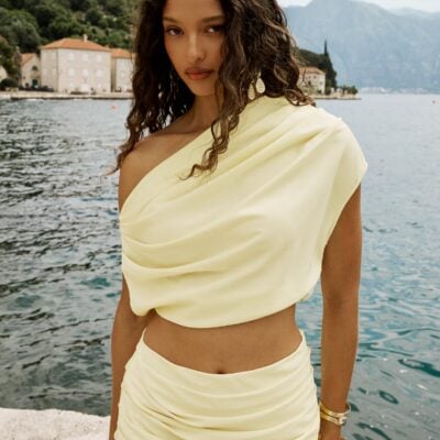 Club L London Yaselle | Lemon Satin Asymmetric-Neck Crop-Top - Image 1