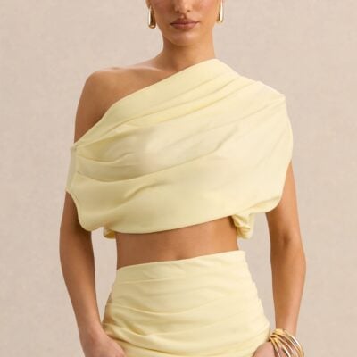 Club L London Yaselle | Lemon Satin Asymmetric-Neck Crop-Top - Image 2