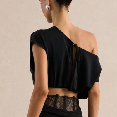 Club L London Yaselle | Black Satin Asymmetric-Neck Crop-Top - Image 2