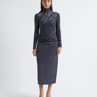 Cue Flocked Long Sleeve Midi Dress - Image 1