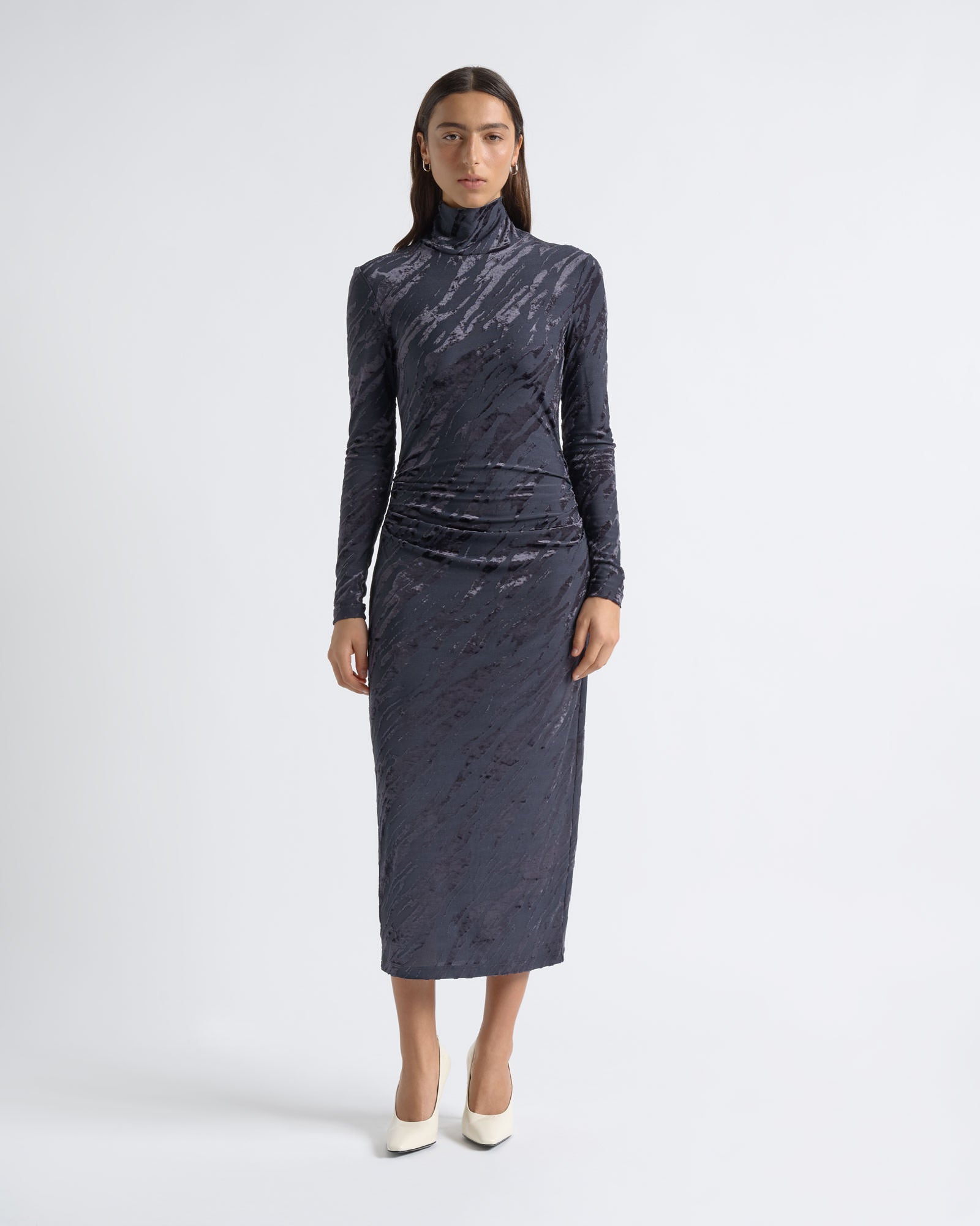 Cue Flocked Long Sleeve Midi Dress - Image 1