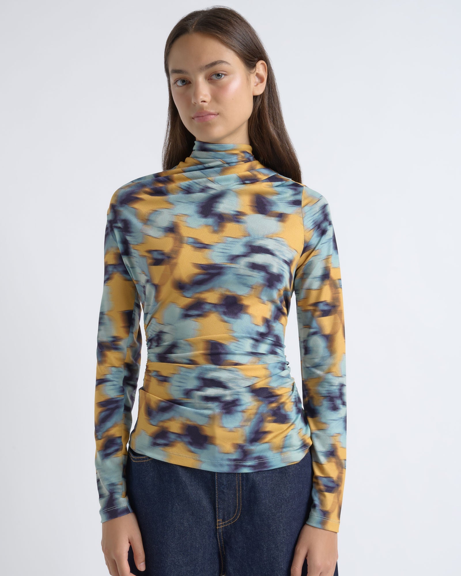 Cue Blurred Floral Gathered Long Sleeve Top - Image 1