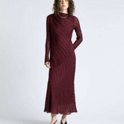 Cue Plum Self Stripe Gathered Midi Dress - Image 1