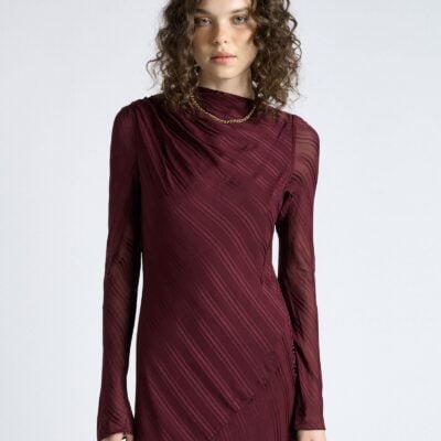Cue Plum Self Stripe Gathered Midi Dress - Image 2