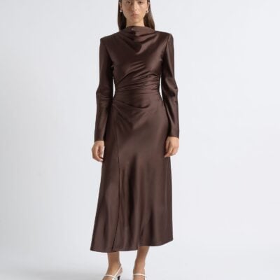 Cue Matte Satin Viscose Gathered Midi Dress - Image 1