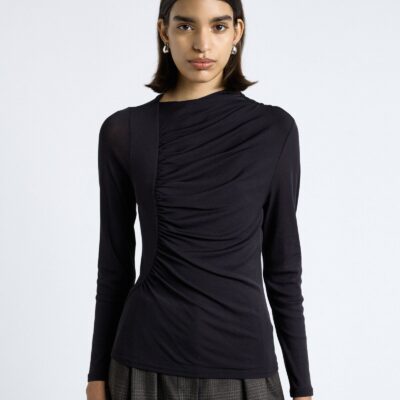 Cue Dark Ink Ruched Mesh Long Sleeve Top - Image 1