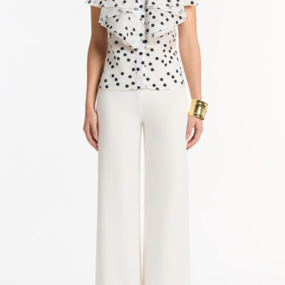 Carla Zampatti White and Black Spot Jacquard Sleeveless Ruffle Blouse - Image 1