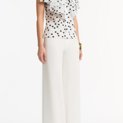 Carla Zampatti White and Black Spot Jacquard Sleeveless Ruffle Blouse - Image 2
