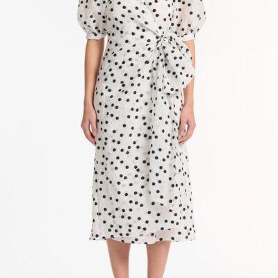 Carla Zampatti White and Black Spot Jacquard Puff Sleeve Wrap Dress - Image 1