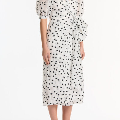 Carla Zampatti White and Black Spot Jacquard Puff Sleeve Wrap Dress - Image 2