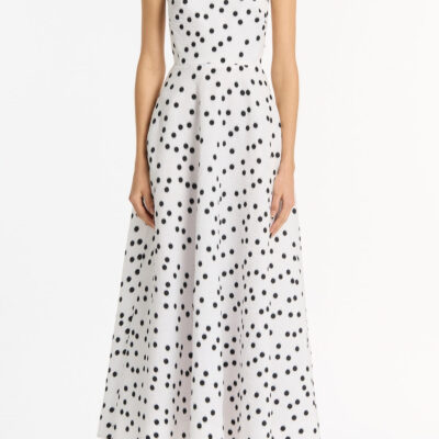 Carla Zampatti White and Black Spot Jacquard A-line Strapless Gown - Image 1