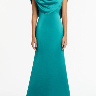 Carla Zampatti Viridian Lustre Satin Shoulder Drape Gown - Image 1
