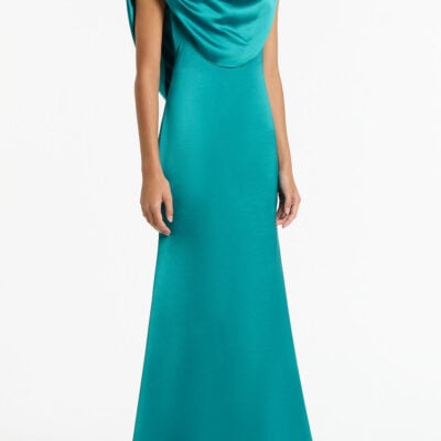 Carla Zampatti Viridian Lustre Satin Shoulder Drape Gown - Image 2