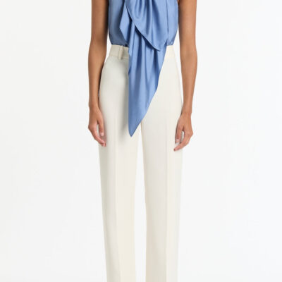 Carla Zampatti Steel Blue Silk Twill Ruffle Halter Top - Image 1