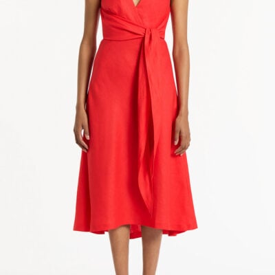 Carla Zampatti Scarlatto Linen V-neck Wrap Dress - Image 1