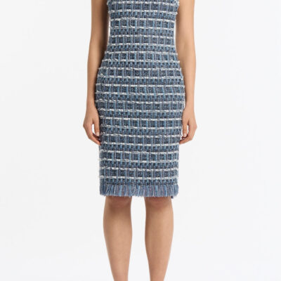 Carla Zampatti Royal Metallic Check Tweed Fringed Sheath Dress - Image 1