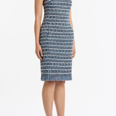 Carla Zampatti Royal Metallic Check Tweed Fringed Sheath Dress - Image 2