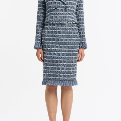 Carla Zampatti Royal Metallic Check Tweed Fringed Cropped Jacket - Image 1