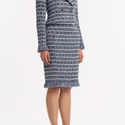 Carla Zampatti Royal Metallic Check Tweed Fringed Cropped Jacket - Image 2