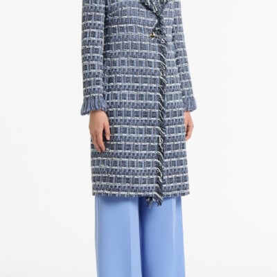 Carla Zampatti Royal Metallic Check Tweed Fringed Coat - Image 2