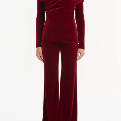 Carla Zampatti Rouge Velvet Draped Shoulder Top - Image 1