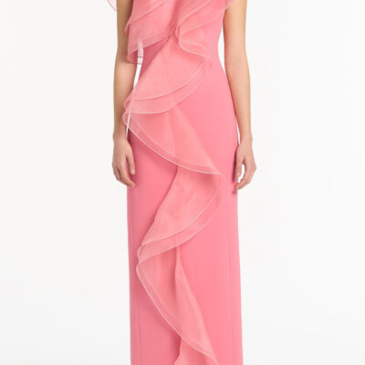 Carla Zampatti Rose Pink Crepe Ruffle Front Gown - Image 1