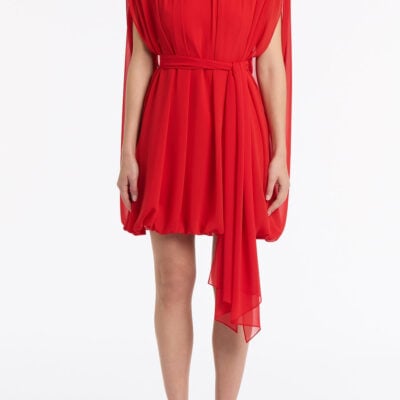 Carla Zampatti Red Georgette Gathered Capelet Dress - Image 1