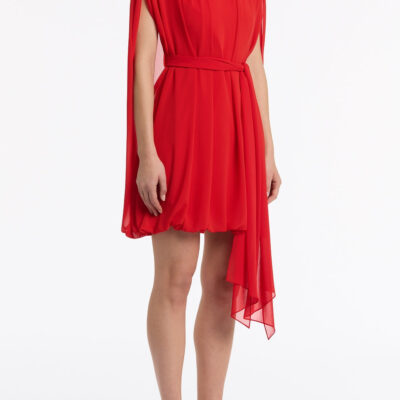 Carla Zampatti Red Georgette Gathered Capelet Dress - Image 2