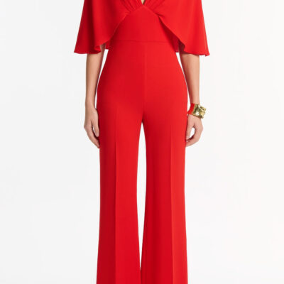 Carla Zampatti Red Crepe Tuck Front Cape Jumpsuit - Image 1