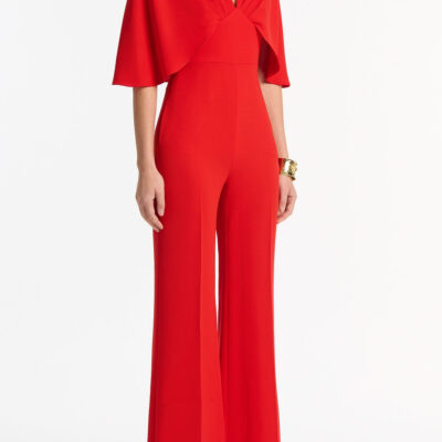 Carla Zampatti Red Crepe Tuck Front Cape Jumpsuit - Image 2