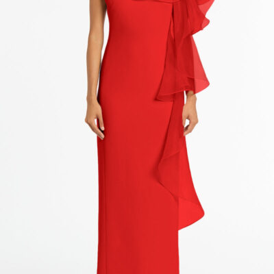 Carla Zampatti Red Crepe Ruffle Shoulder Gown - Image 1