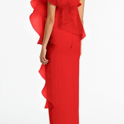 Carla Zampatti Red Crepe Ruffle Shoulder Gown - Image 2