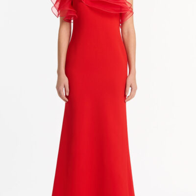 Carla Zampatti Red Crepe One Shoulder Organza Ruffle Gown - Image 1