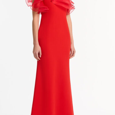 Carla Zampatti Red Crepe One Shoulder Organza Ruffle Gown - Image 2