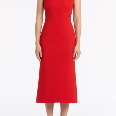 Carla Zampatti Red Crepe Curve Neck Detail Midi Dress - Image 1