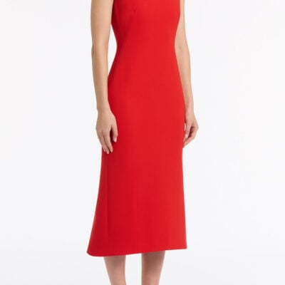 Carla Zampatti Red Crepe Curve Neck Detail Midi Dress - Image 2