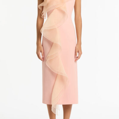 Carla Zampatti Pale Rose Crepe Ruffle Front Midi Dress - Image 1