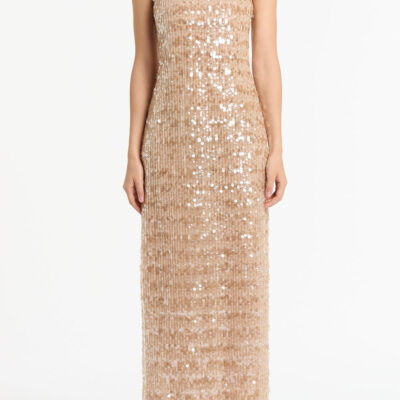 Carla Zampatti Pale Gold Linear Sequin Gown - Image 1