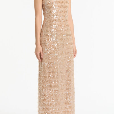 Carla Zampatti Pale Gold Linear Sequin Gown - Image 2