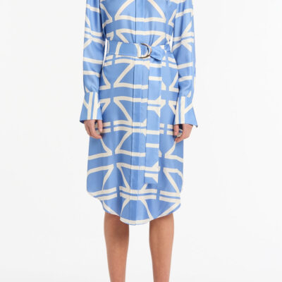 Carla Zampatti Pacific Blue and Ivory Grid Silk Twill Relaxed Shirt Dress - Image 1