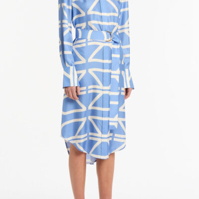 Carla Zampatti Pacific Blue and Ivory Grid Silk Twill Relaxed Shirt Dress - Image 2