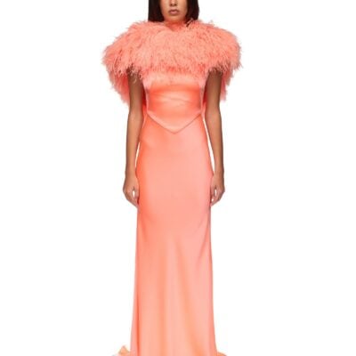 David Koma Open Back Feather Trimmed Satin Gown - Image 2