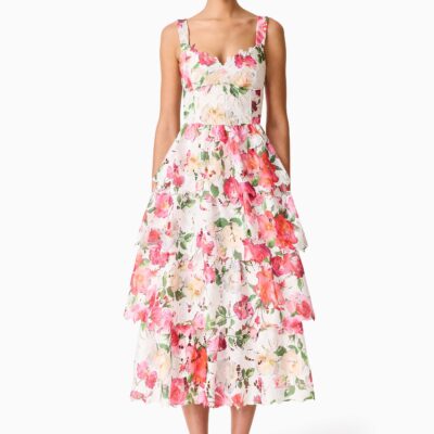 Elliatt Roselle Tiered Midi Dress Pink Floral - Image 1