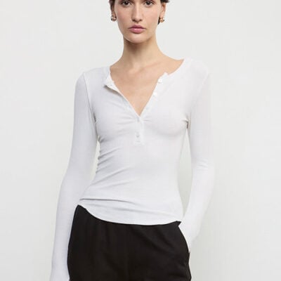 Enza Costa Silk Rib L/S Baseball Henley | Cloud - Image 1